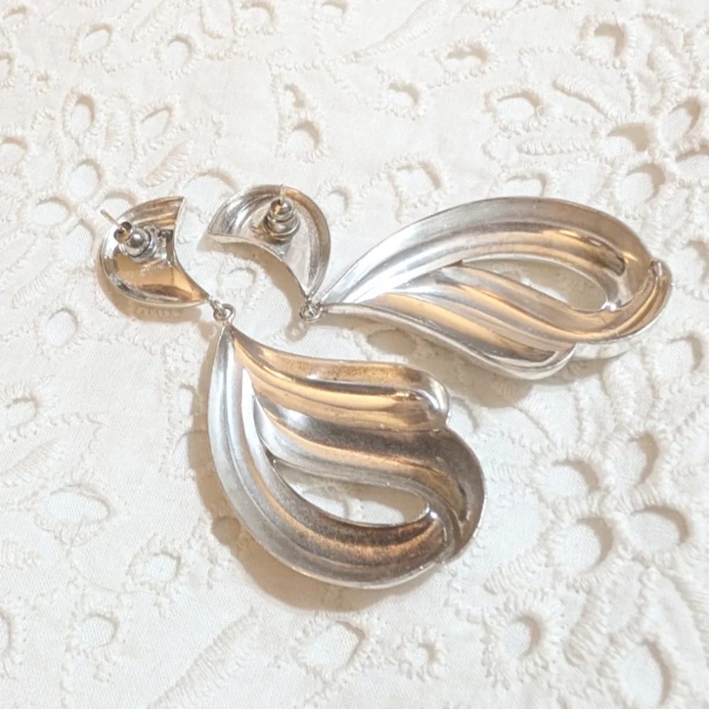 DIOR Sterling Silver LONG Dangling Vintage Pierced Earrings - Picture 3 of 5